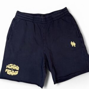 Homme Femme Sweat Shorts Size Medium‎ Printed Logo Elastic Waist Pockets Navy
